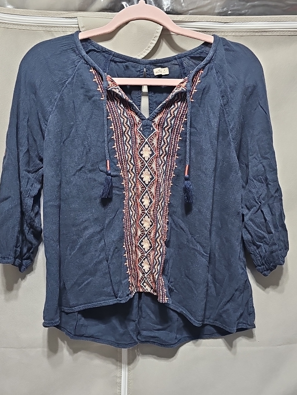 Hollister Navy Blue Embroidered V-Neck Tunic with Tassels